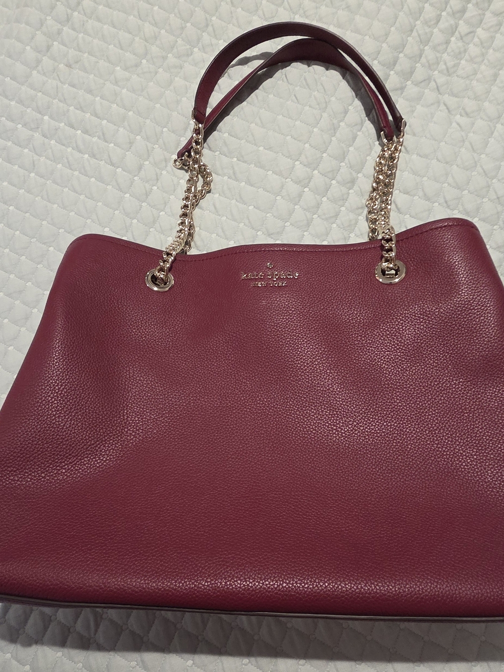 kate spade Pebbled Leather Tote - Wine with Gold Chain Handles